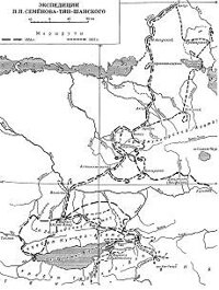 A map showing Semenov's first journey into the Tien Shan