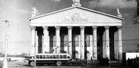 An early trolleybus passing in front of Opera and Ballet Theater