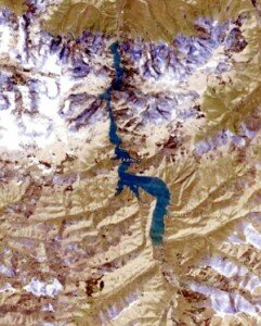 A satellite image showing Kol Suu Lake in the Naryn oblast