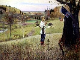 Vision of Youth Baltholomew by Mikhail Nesterov ,,, (1889/90) The boy Bartholomew meets the monk and explains his dilemma ... 