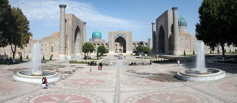 The Registan and its three madrasahs. From left to right: Ulugh Beg Madrasah, Tilya-Kori Madrasah and Sher-Dor Madrasah. Perhaps the most photographed spot in Samarkand.