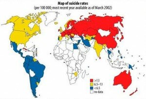 Suicide rates in 2002 - according to the World Health Organization